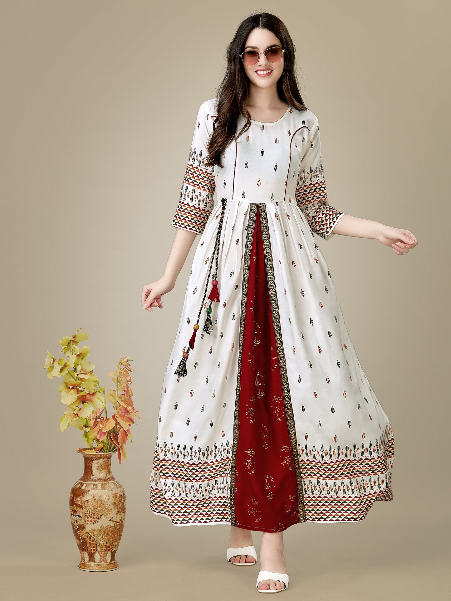 Elegant White Printed Anarkali Gown in Premium Rayon Fabric