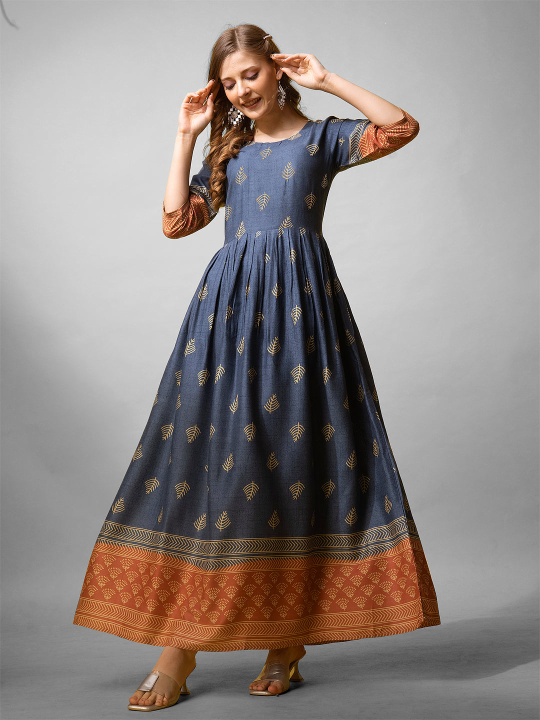 Elegant Denim Blue Printed Anarkali Gown in Premium Rayon Fabric