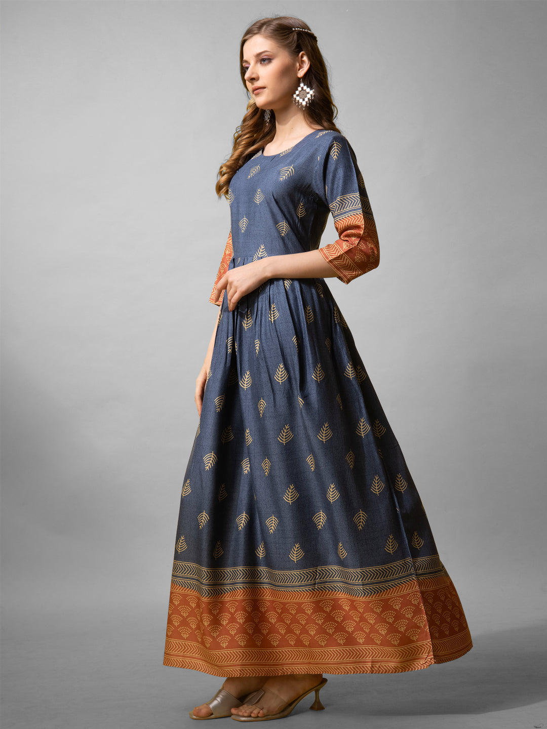 Elegant Denim Blue Printed Anarkali Gown in Premium Rayon Fabric