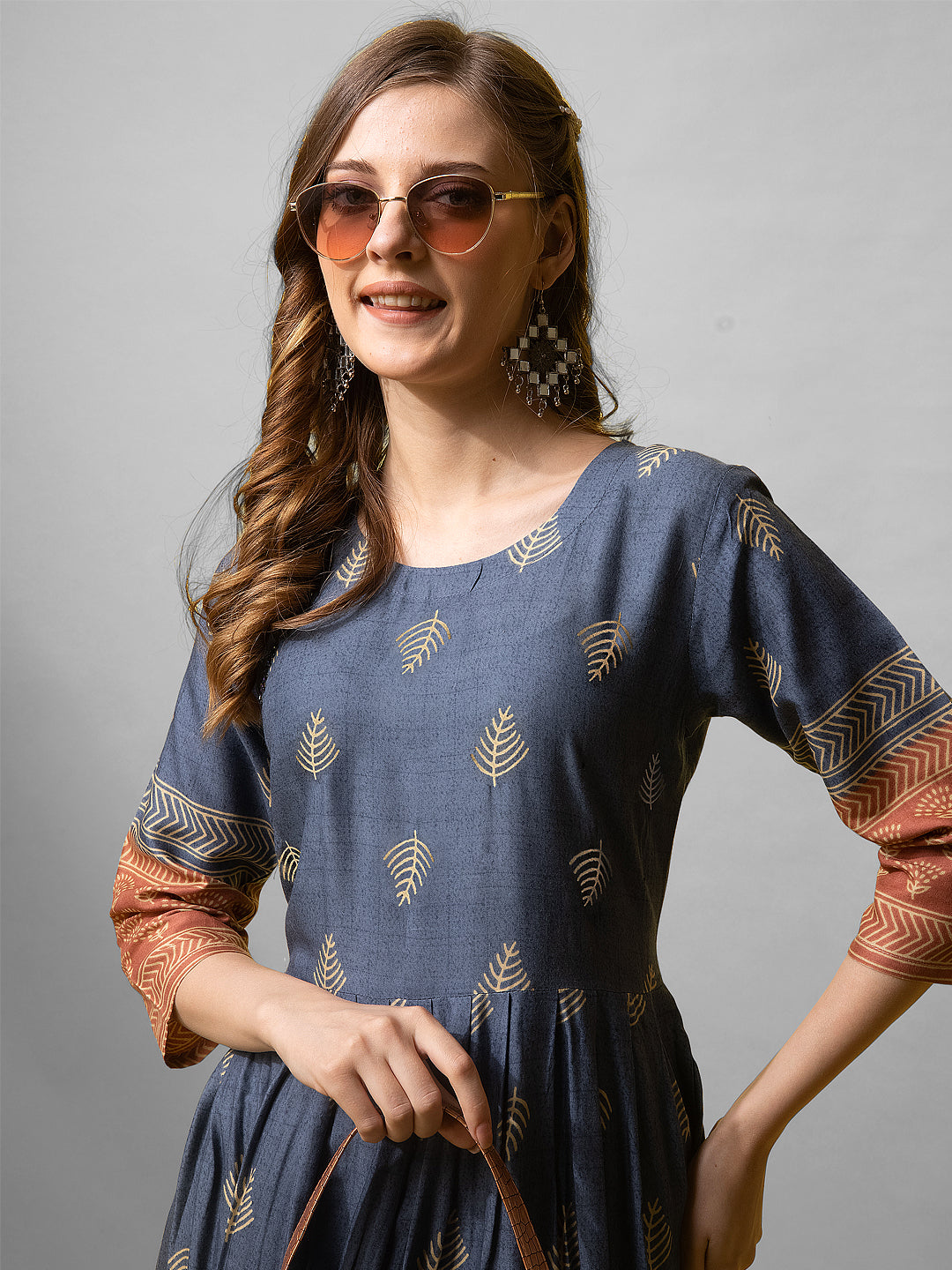 Elegant Denim Blue Printed Anarkali Gown in Premium Rayon Fabric