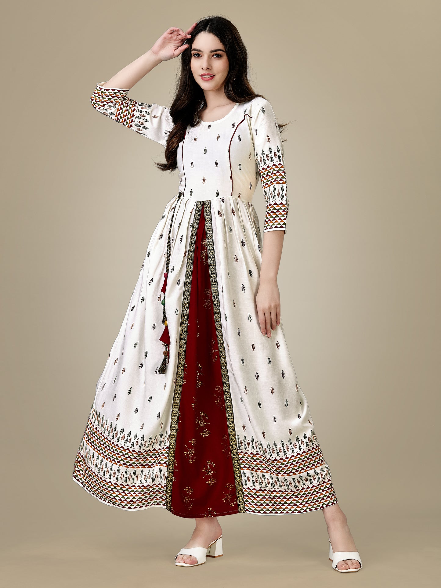 Elegant White Printed Anarkali Gown in Premium Rayon Fabric